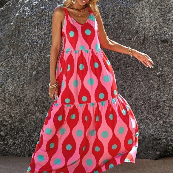 Hot Pink Boho Womens Allover Print Ruffle Hem Cami Dress - Picture 1 of 5